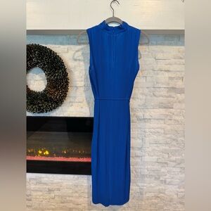 Donna Karan Sleeveless Mock Neck Tie Waist Pleated Midi Dress
